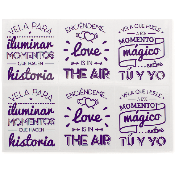 Violet stickers with romantic phrases