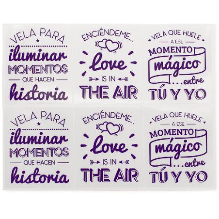 Violet stickers with romantic phrases