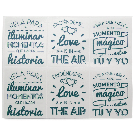 Turquoise stickers with romantic phrases