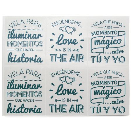 Turquoise stickers with romantic phrases