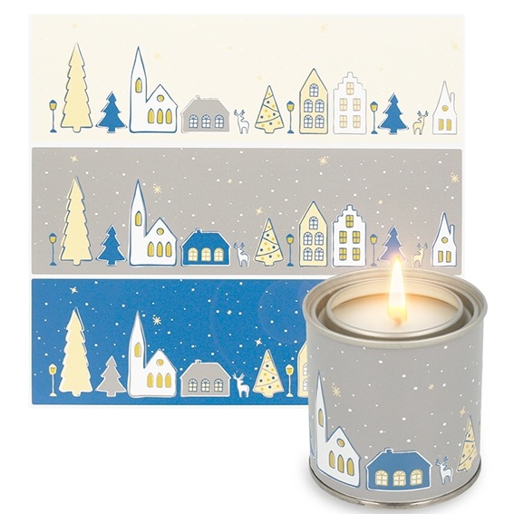 Blue stickers snowy village for canned candles