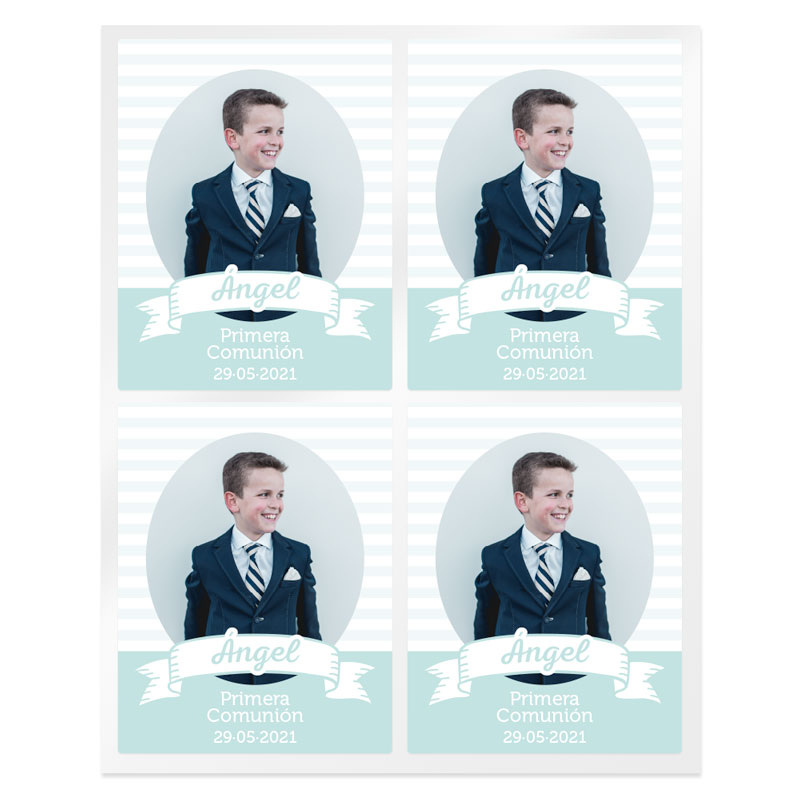 Personalized mint communion stripe stickers with photo