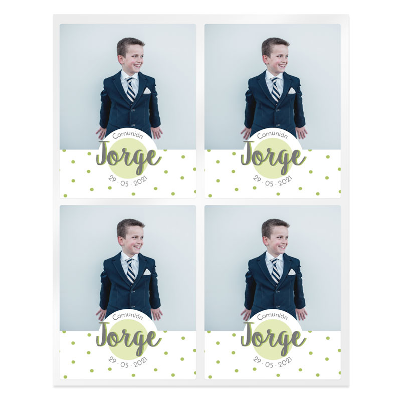 Personalized communion green polka dot stickers with photo