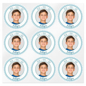 Blue communion stickers personalized with photo