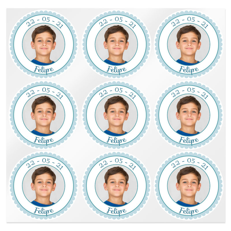 Blue communion stickers personalized with photo
